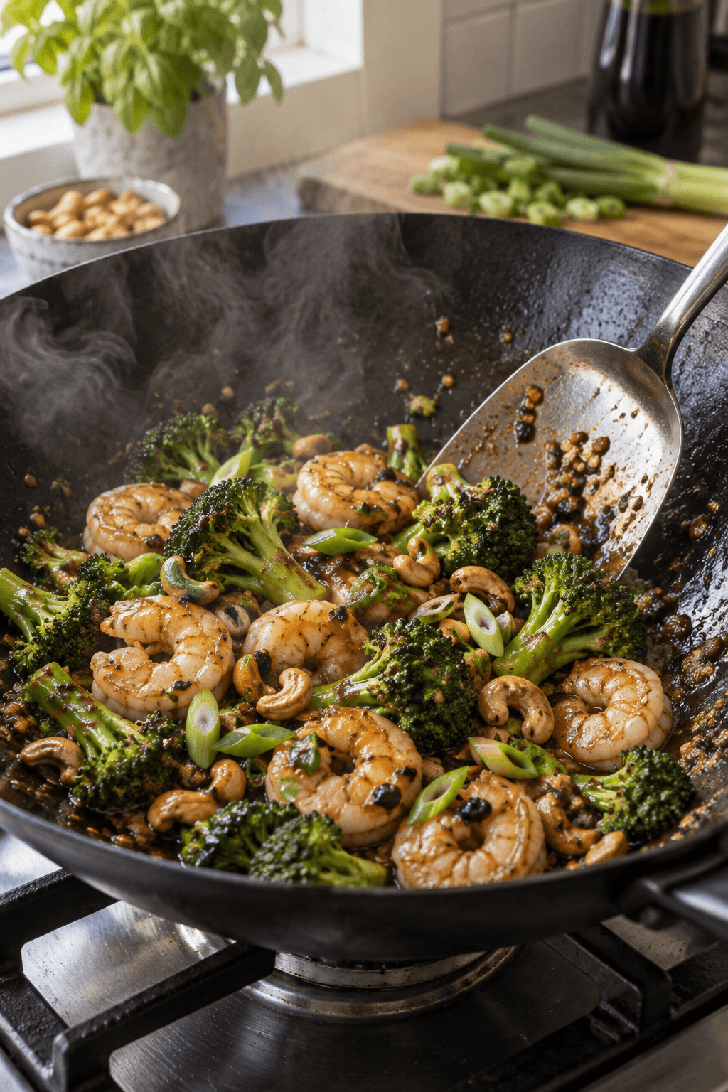 Rosa rejer, grøn broccoli og cashew vendes i mørk sortbønnesauce i én wok