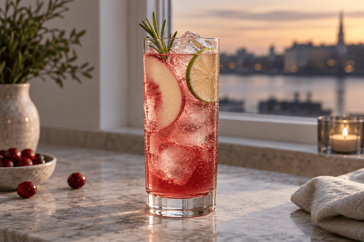 Woo Woo-cocktail med tranebær, fersken, lime, rosmarin og fine bobler