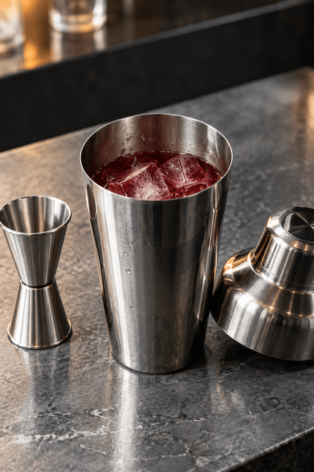 Rød Woo Woo-base med vodka, fersken, tranebær og lime i én shaker med is