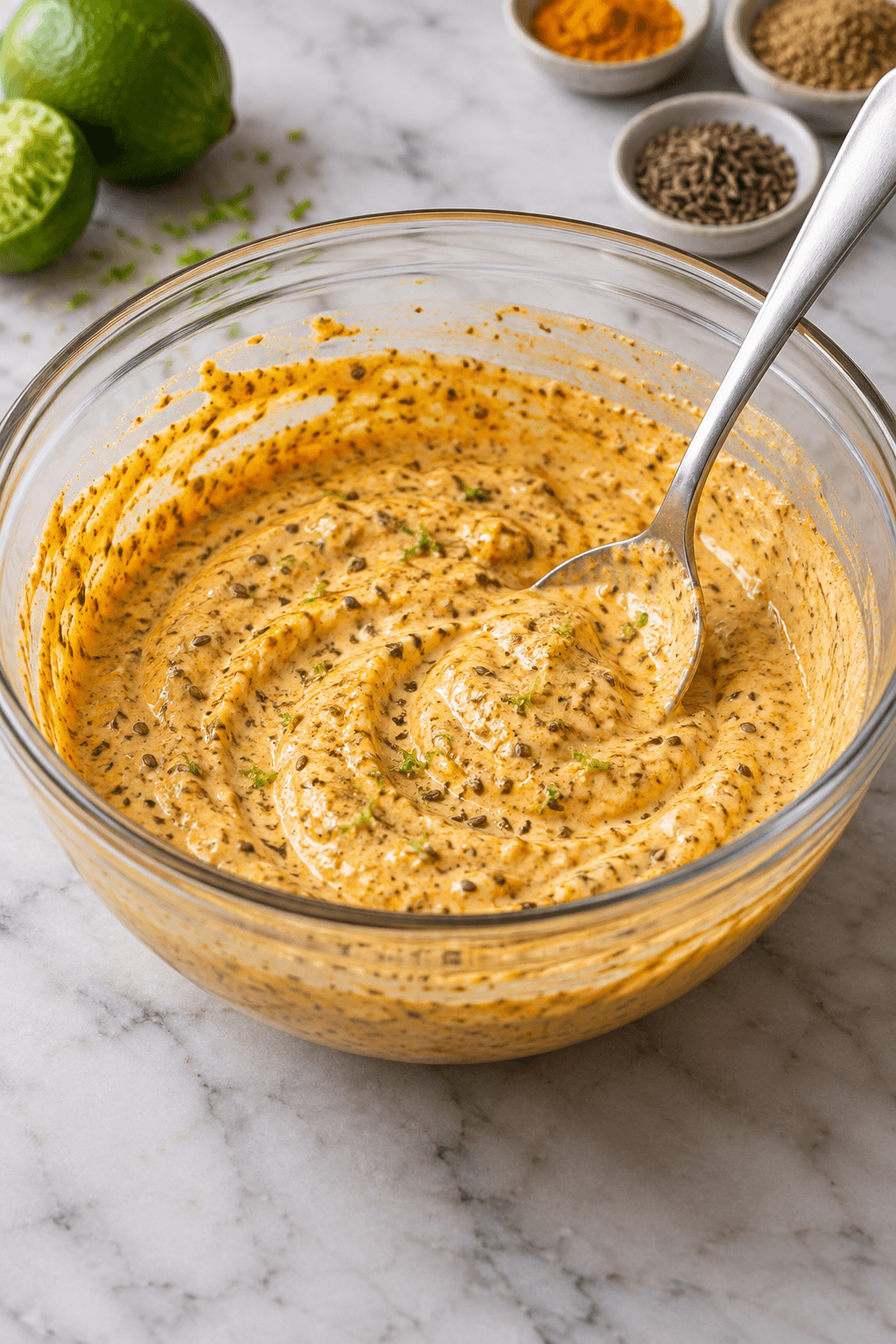 Lysorange yoghurtmarinade med lime, ajwain og krydderier i én glasskål
