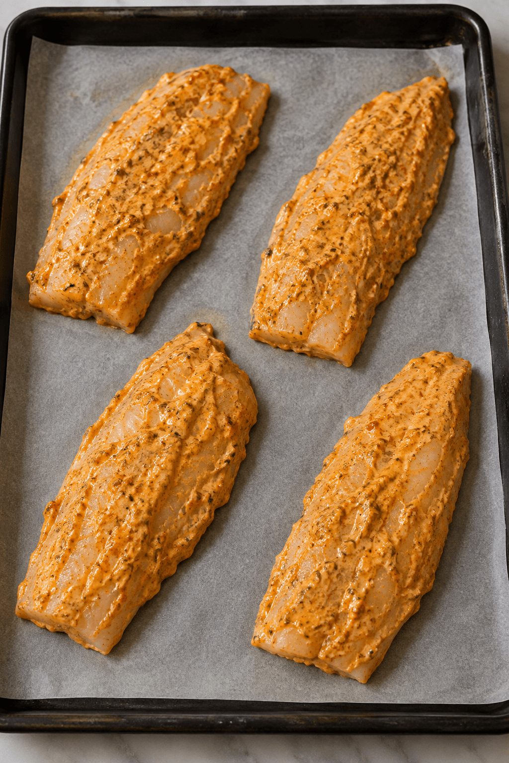 Fire rå sejfileter med orange yoghurtmarinade på én bageplade