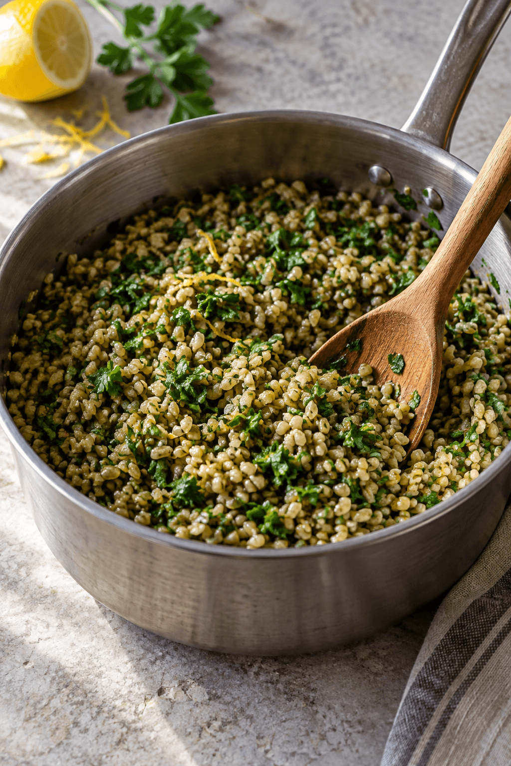 Kogt freekeh med persille og citronskal røres i én gryde