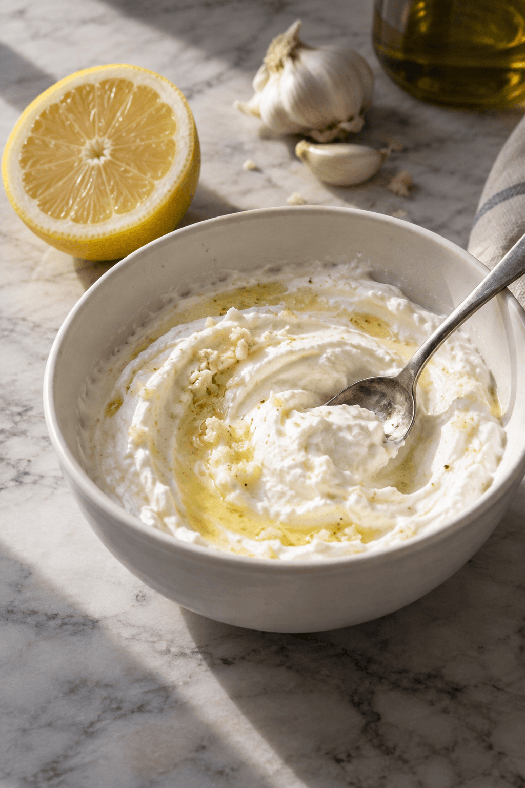 Tyk hvidløgslabneh røres med citron i én hvid skål