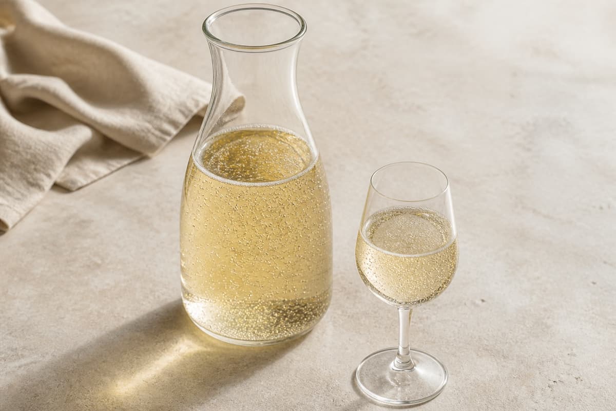Alkoholfri mousserende vin fotograferet i naturligt nordisk køkkenlys