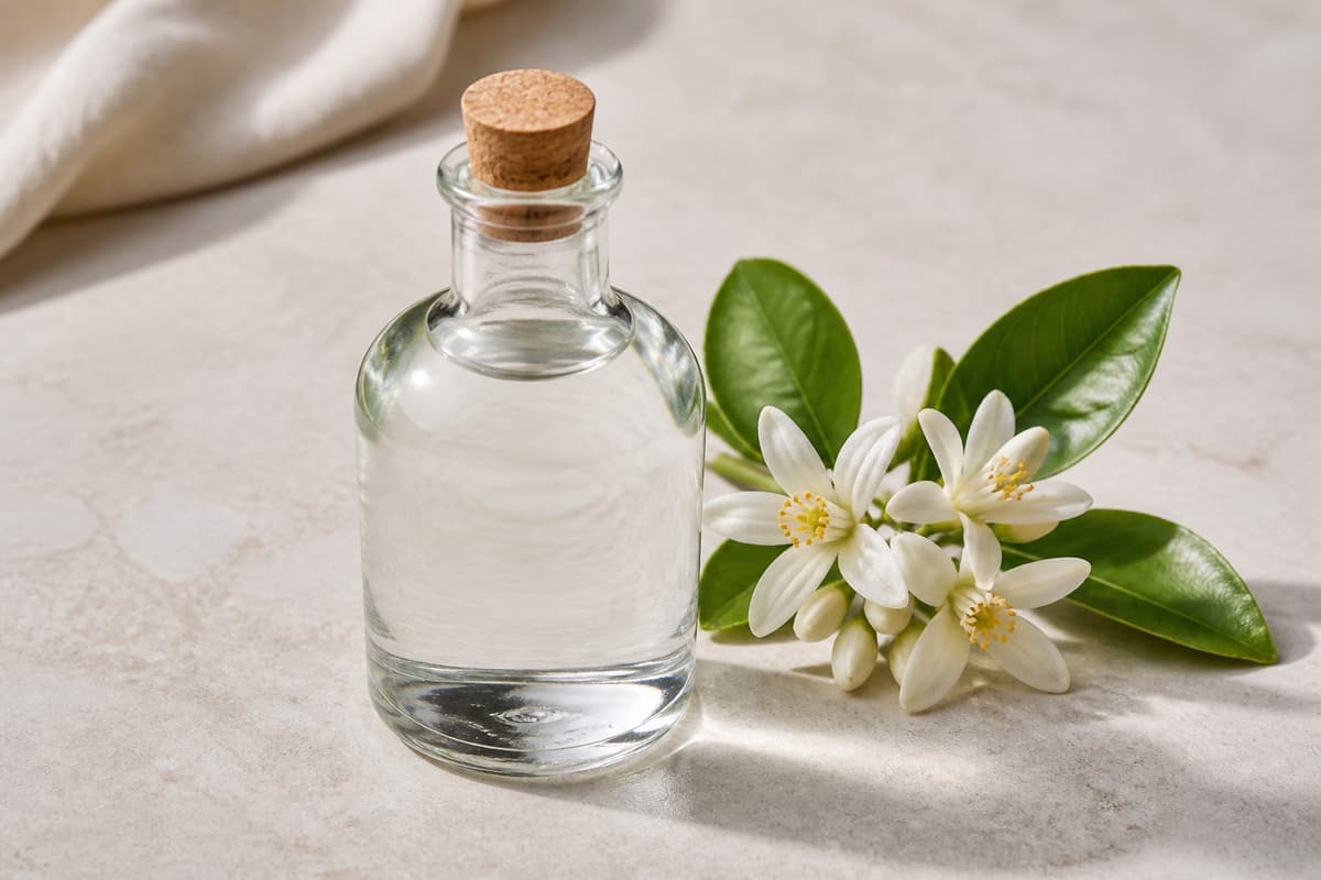 Appelsinblomstvand fotograferet i naturligt nordisk køkkenlys