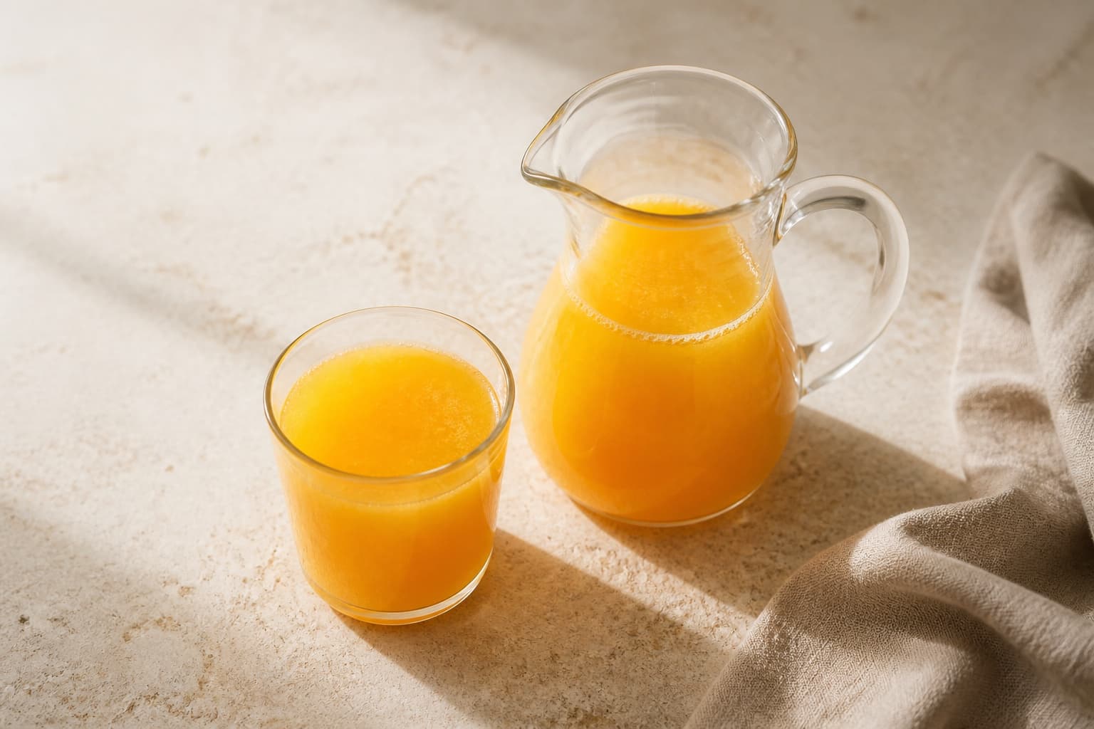 Appelsinsaft fotograferet i naturligt nordisk køkkenlys