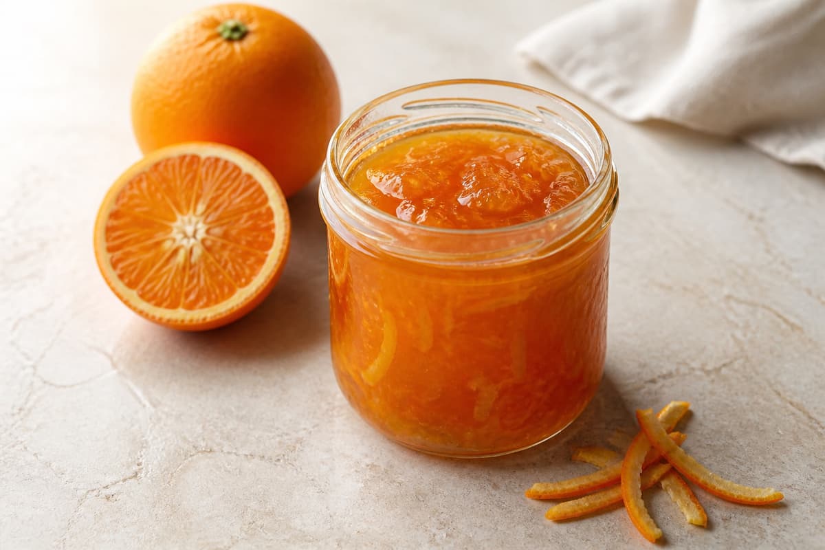 Bitter appelsinmarmelade fotograferet i naturligt nordisk køkkenlys