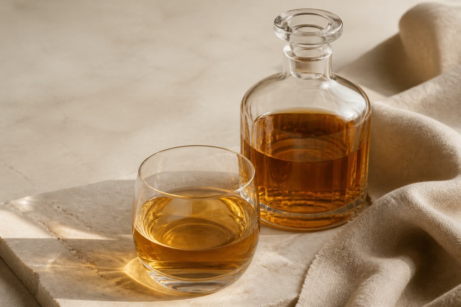 Blended whisky fotograferet i naturligt nordisk køkkenlys