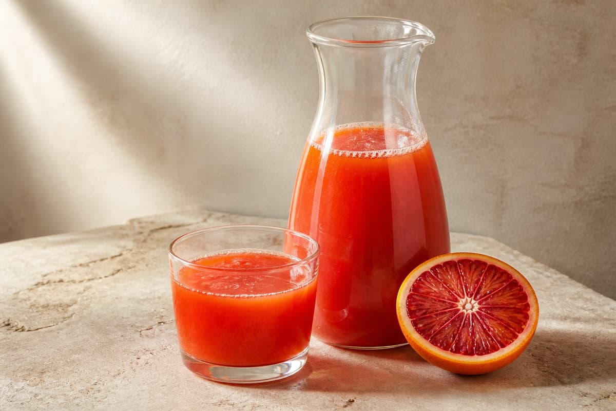 Blodappelsinjuice fotograferet i naturligt nordisk køkkenlys