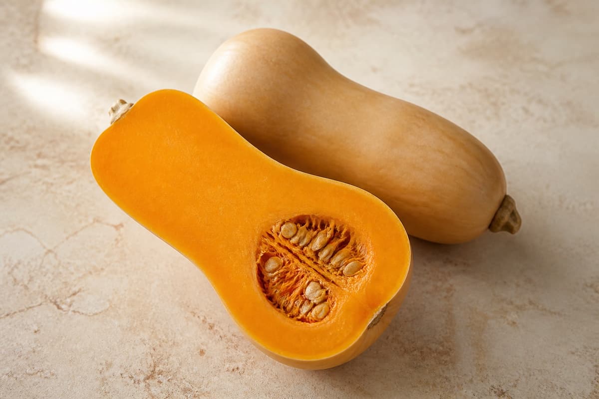 Butternutgræskar fotograferet i naturligt nordisk køkkenlys
