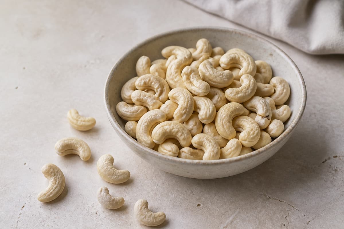 Cashewnødder fotograferet i naturligt nordisk køkkenlys