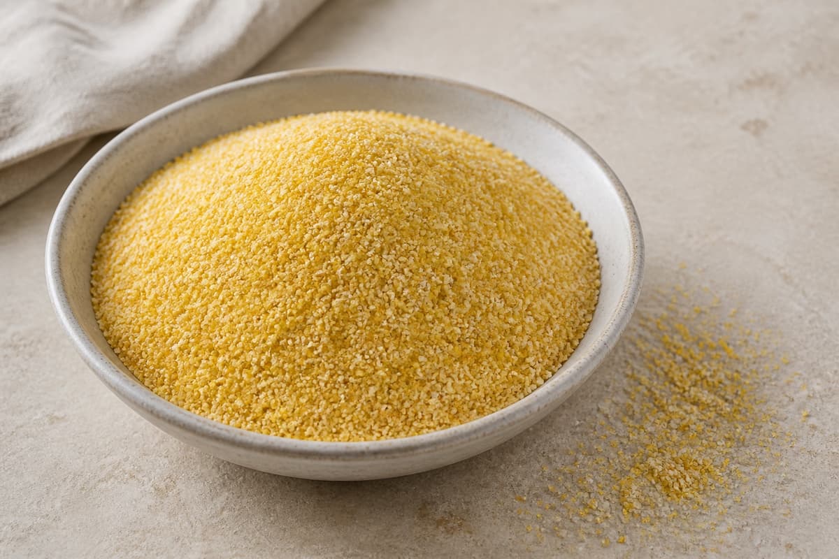 Certificeret glutenfri grov polenta fotograferet i naturligt nordisk køkkenlys