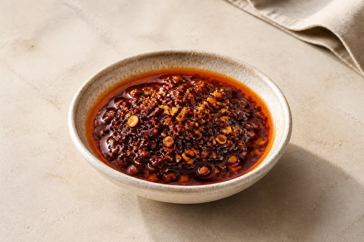 Chili crisp fotograferet i naturligt nordisk køkkenlys