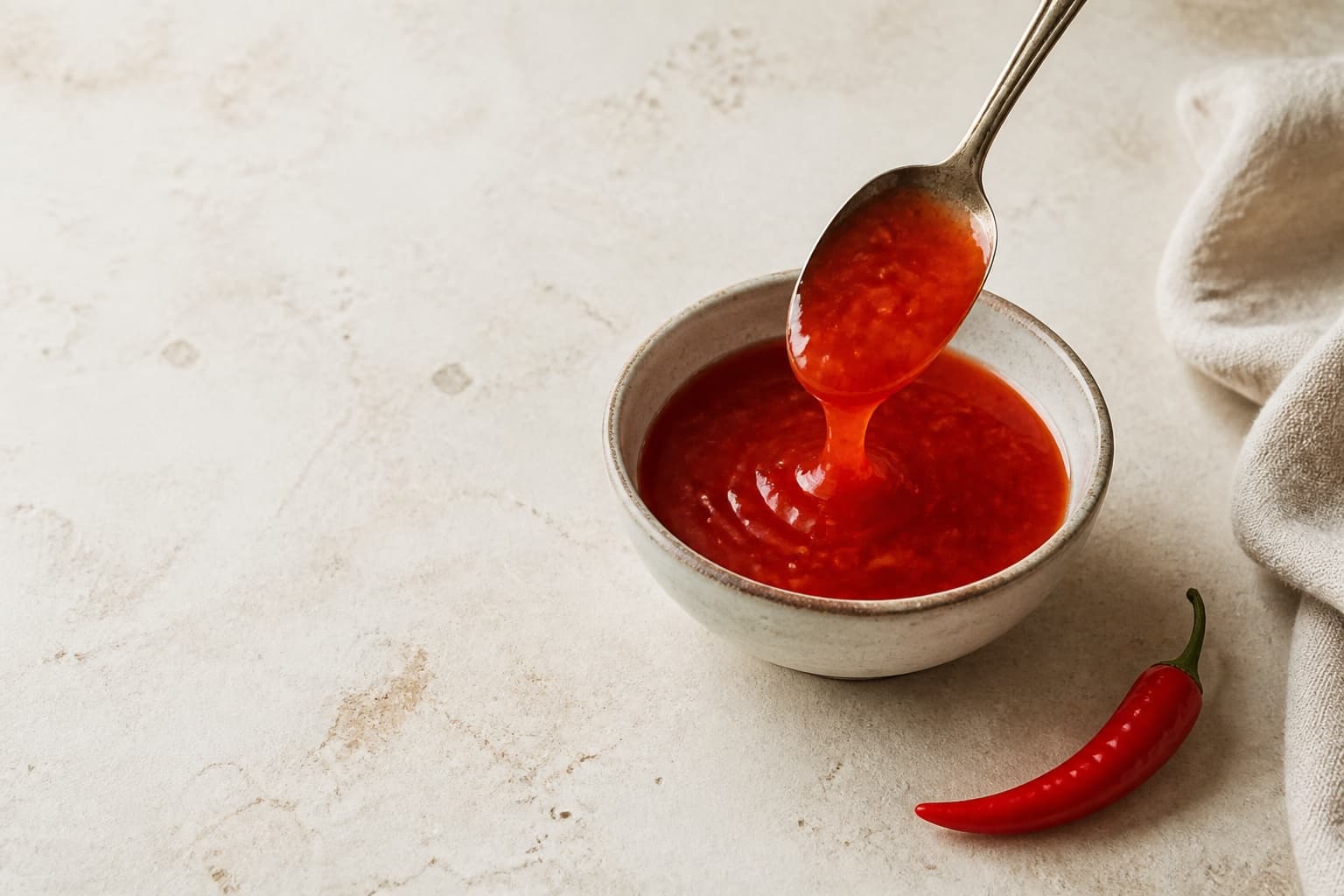 Chilisauce fotograferet i naturligt nordisk køkkenlys