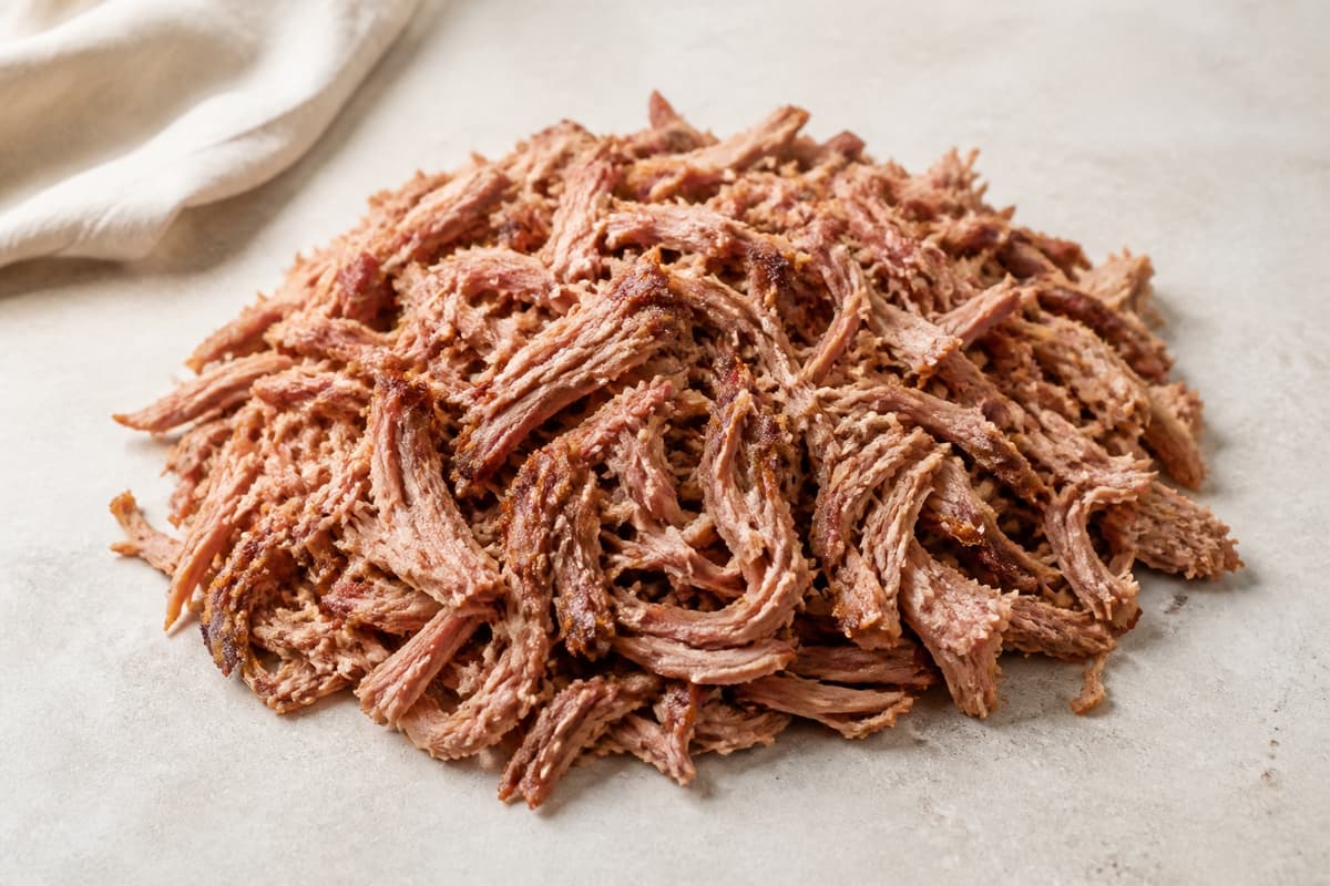 Færdig gennemvarmet pulled pork fotograferet i naturligt nordisk køkkenlys
