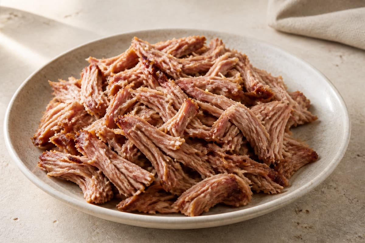 Færdigtilberedt pulled pork fotograferet i naturligt nordisk køkkenlys