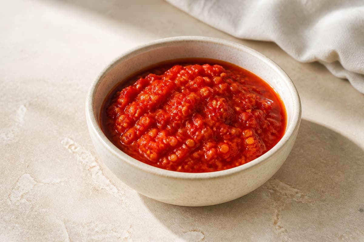 Fermenteret chilisauce fotograferet i naturligt nordisk køkkenlys
