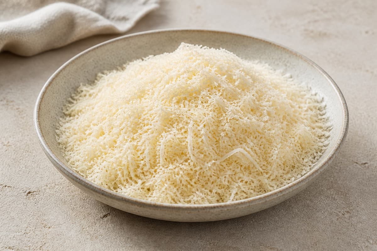 Finrevet parmesan fotograferet i naturligt nordisk køkkenlys