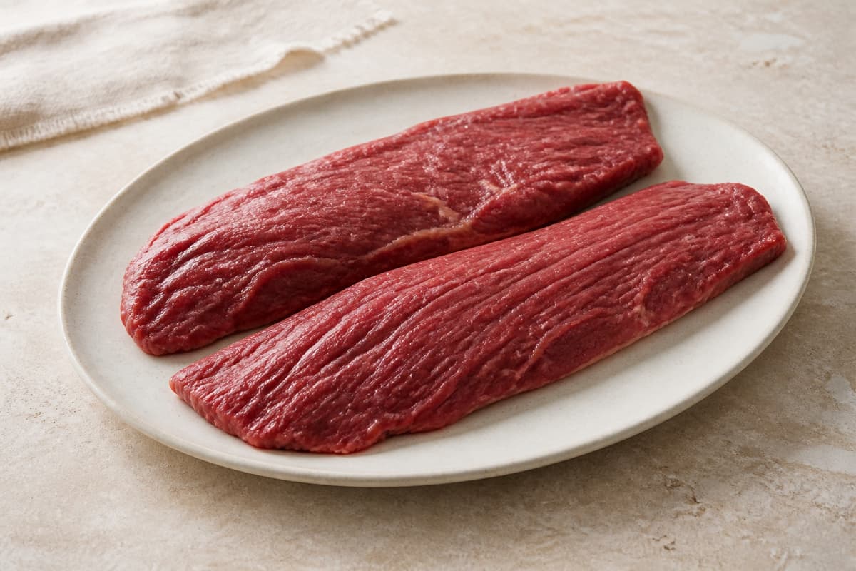Flanksteak i hele stykker fotograferet i naturligt nordisk køkkenlys
