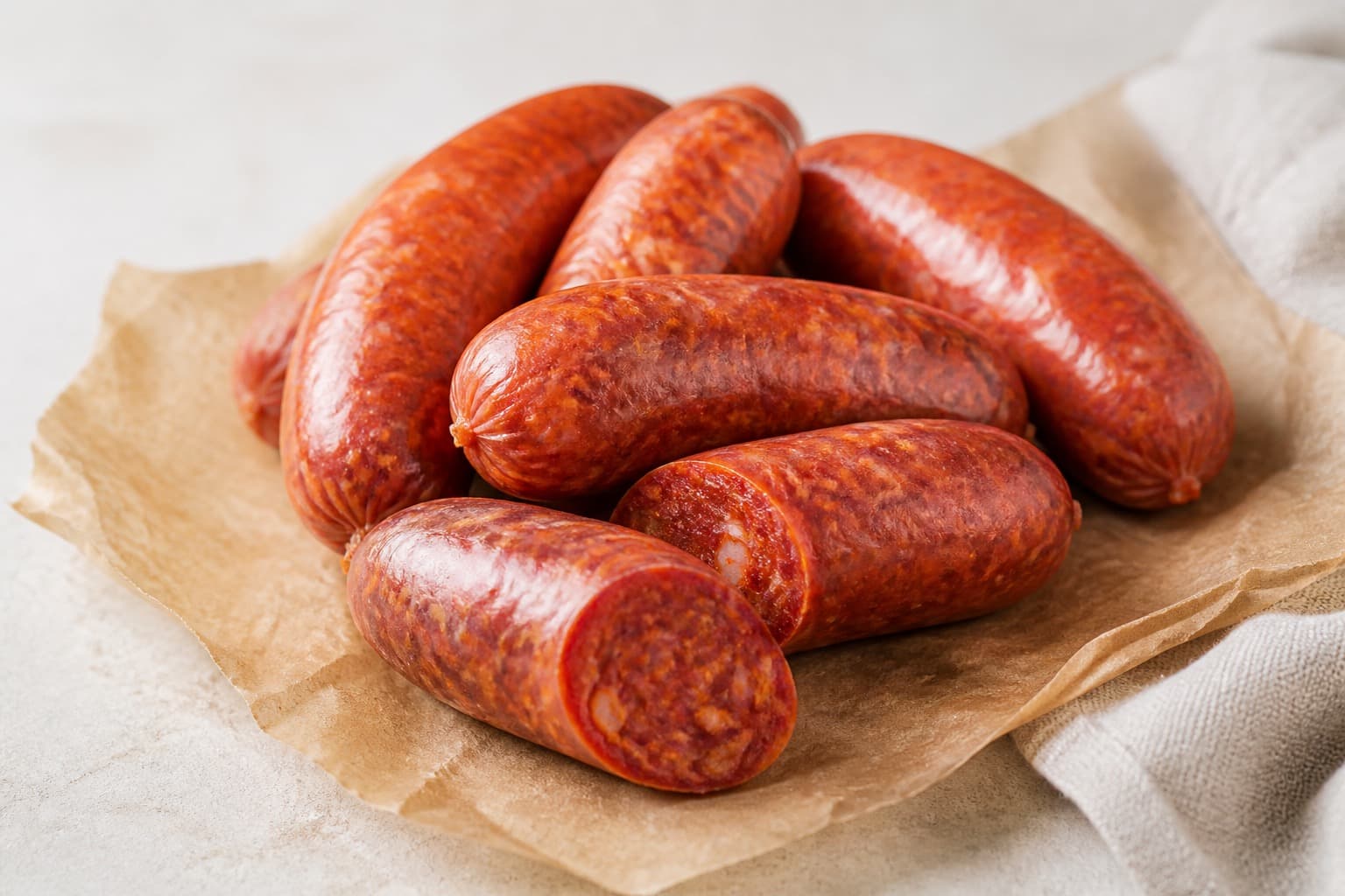 Frisk chorizo fotograferet i naturligt nordisk køkkenlys