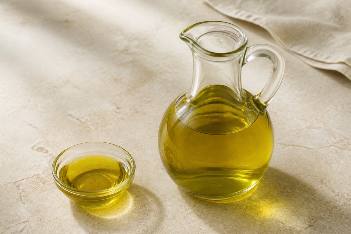 Frugtig olivenolie fotograferet i naturligt nordisk køkkenlys