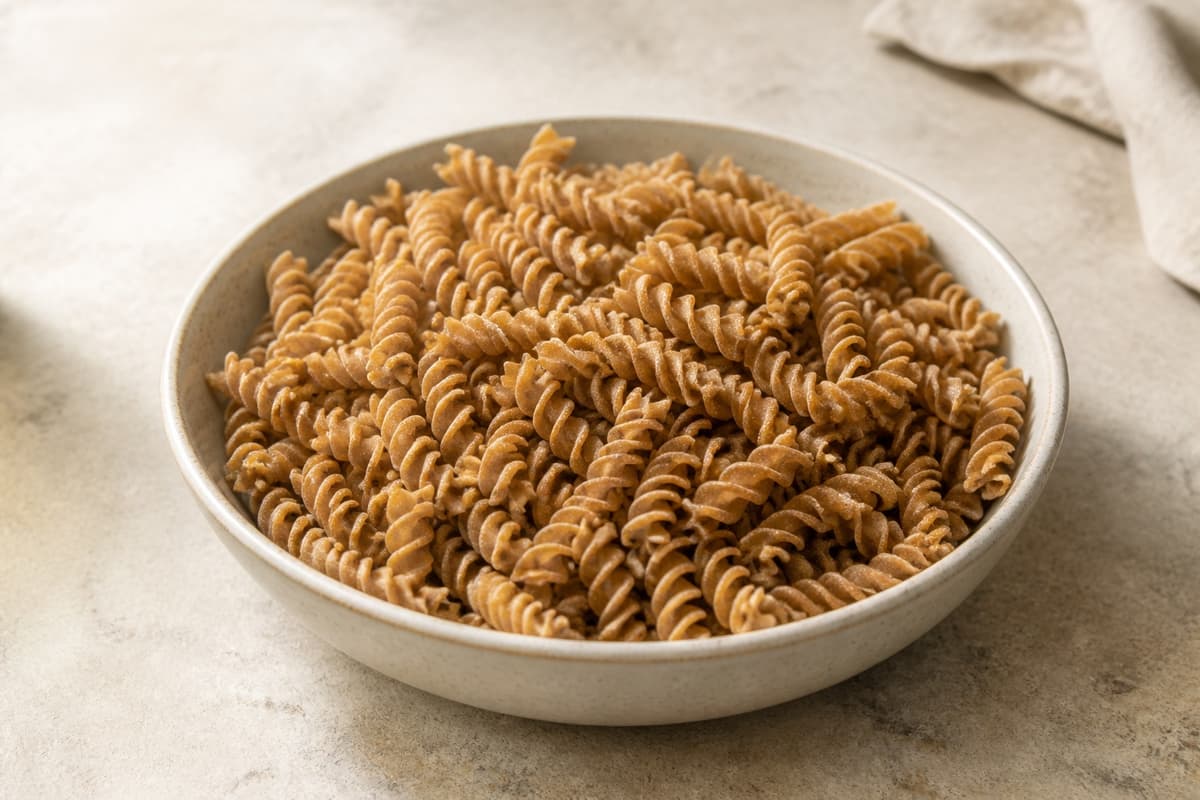 Fuldkornsfusilli fotograferet i naturligt nordisk køkkenlys