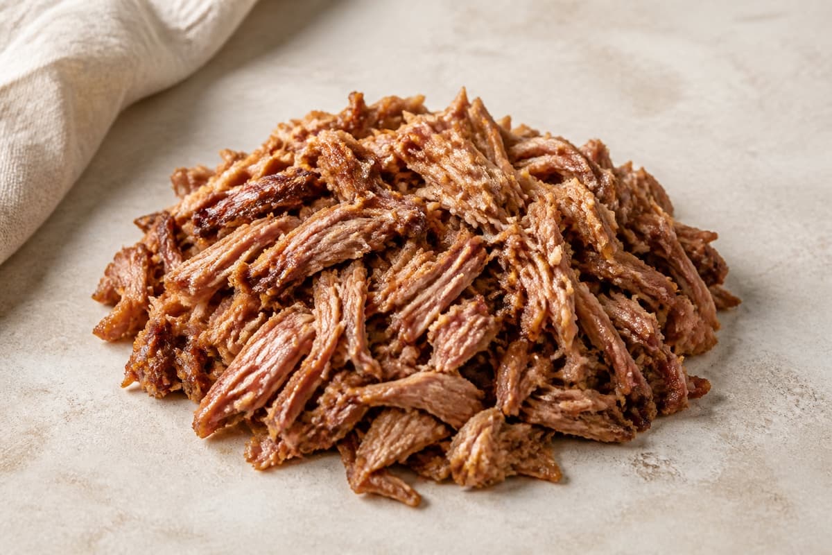 Gennemvarmet pulled pork fotograferet i naturligt nordisk køkkenlys