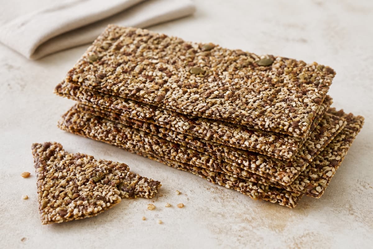 Glutenfrit kerneknækbrød fotograferet i naturligt nordisk køkkenlys