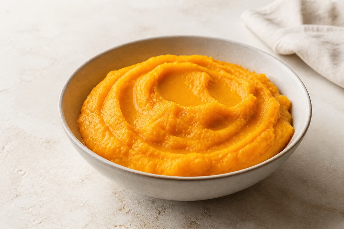 Græskarpuré fotograferet i naturligt nordisk køkkenlys