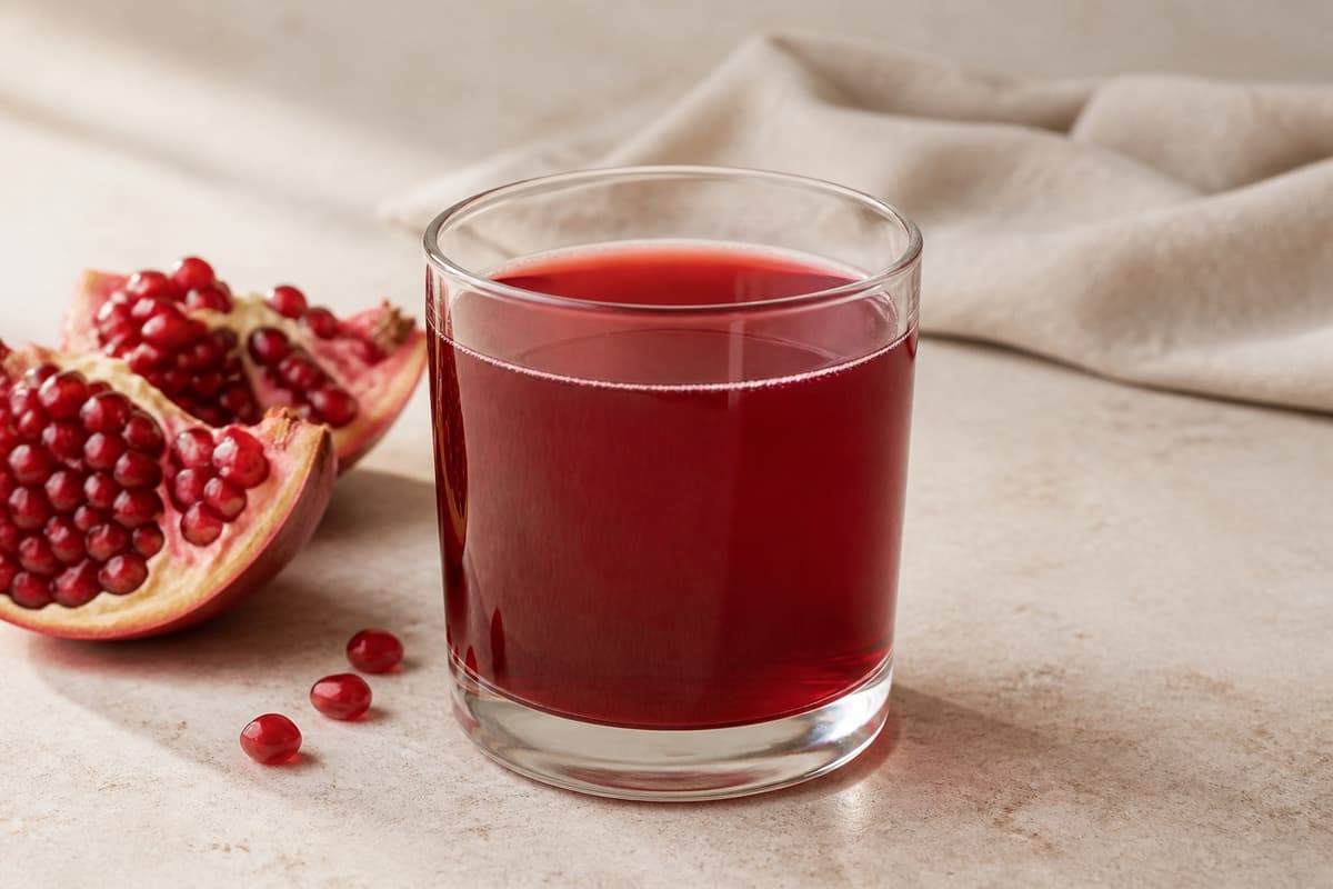 Granatæblejuice fotograferet i naturligt nordisk køkkenlys