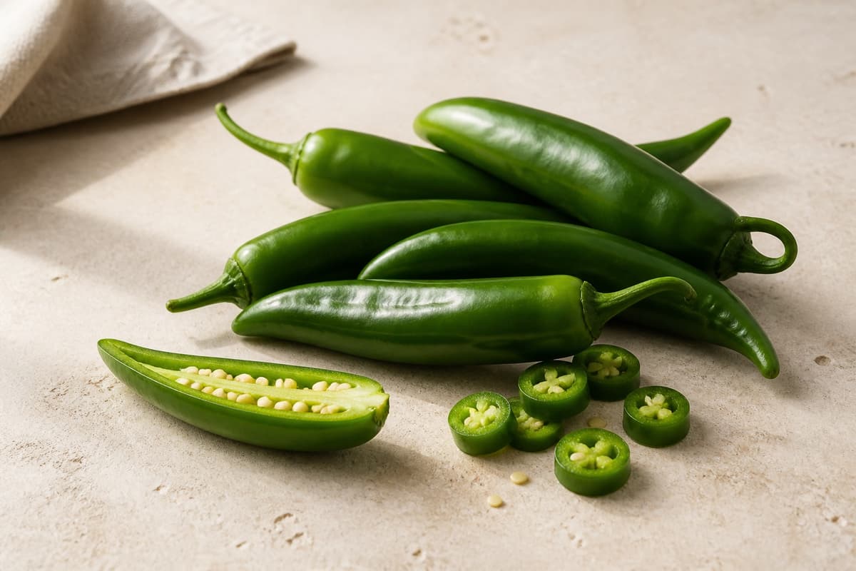 Grøn chili fotograferet i naturligt nordisk køkkenlys