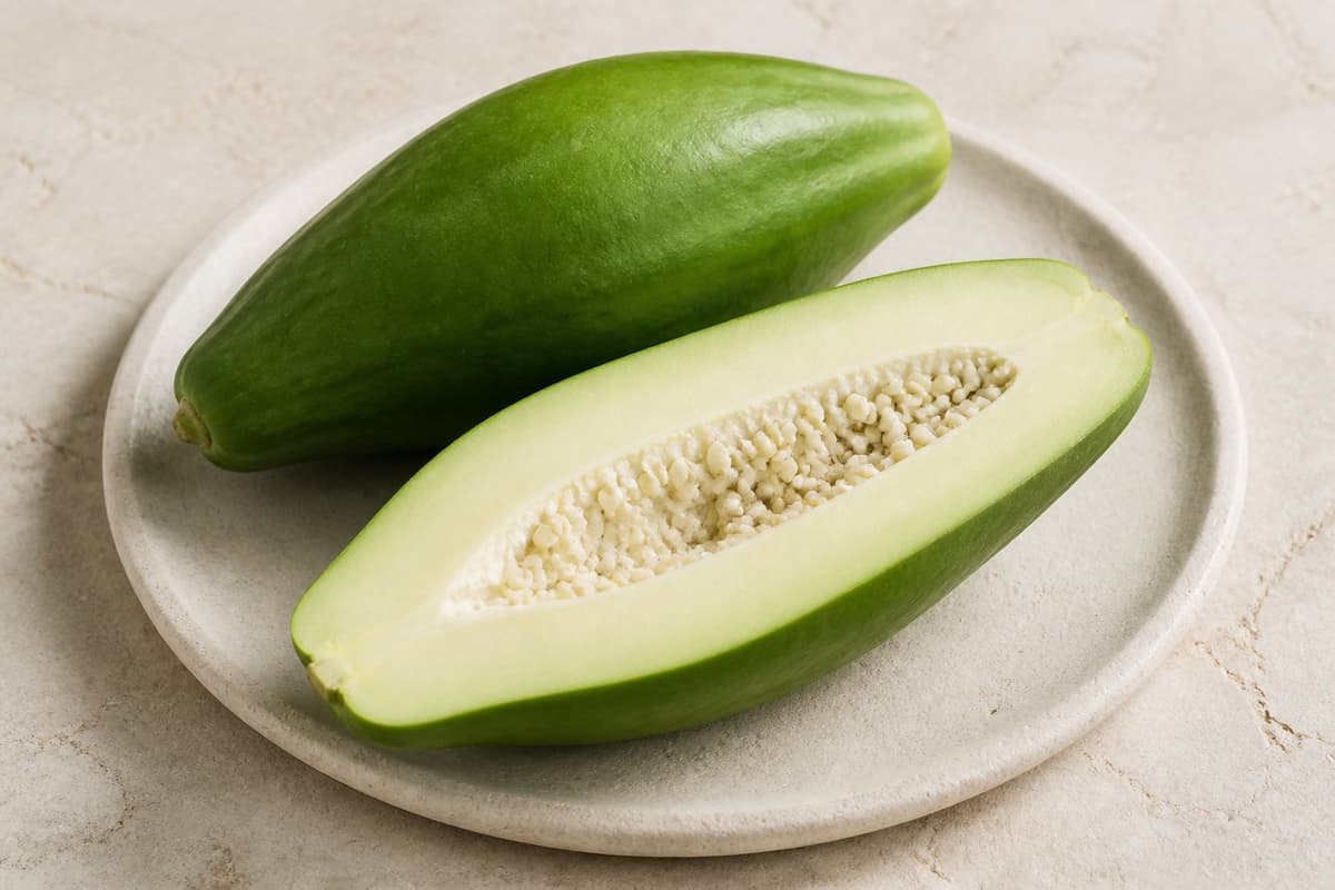 Grøn papaya fotograferet i naturligt nordisk køkkenlys
