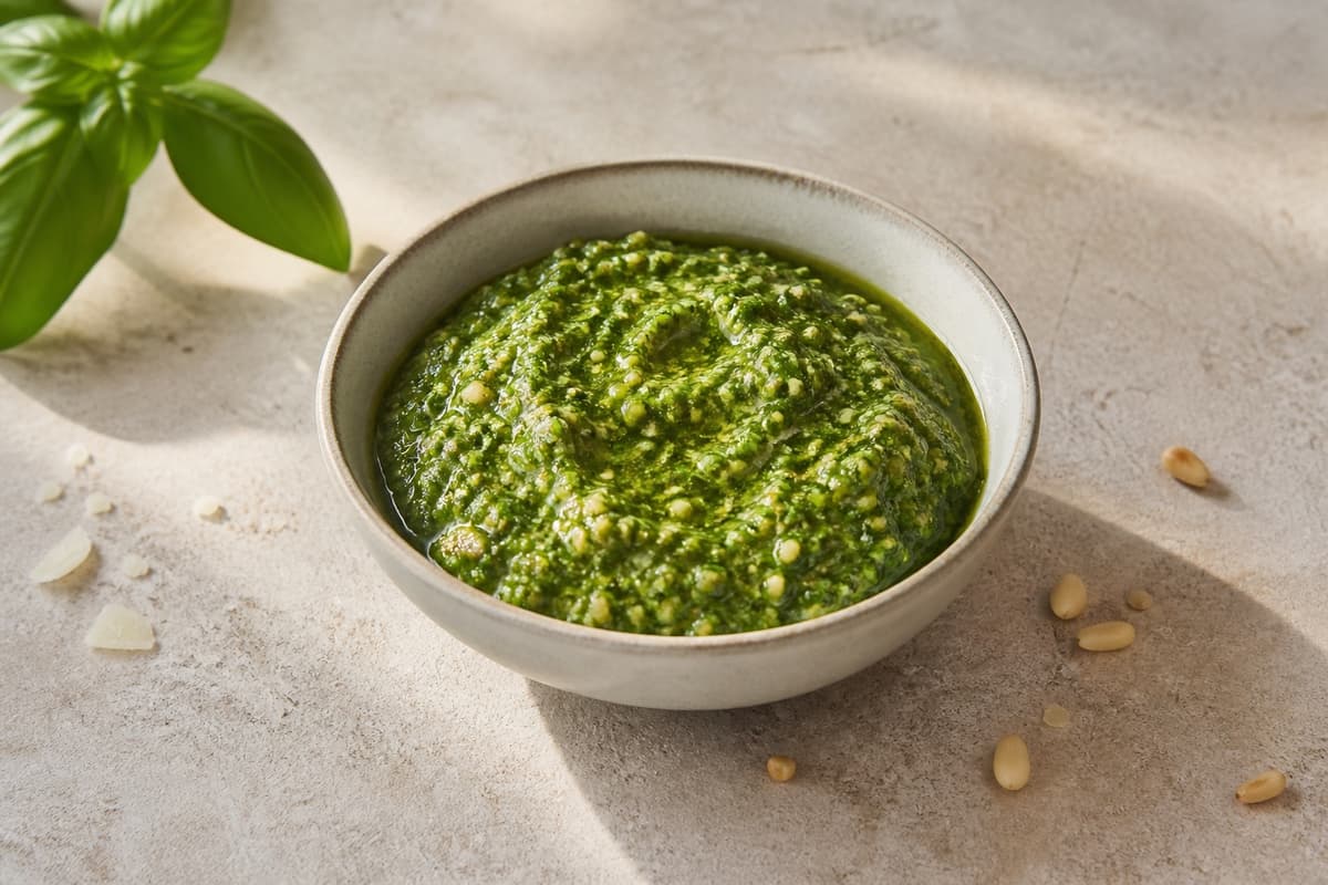Grøn pesto fotograferet i naturligt nordisk køkkenlys