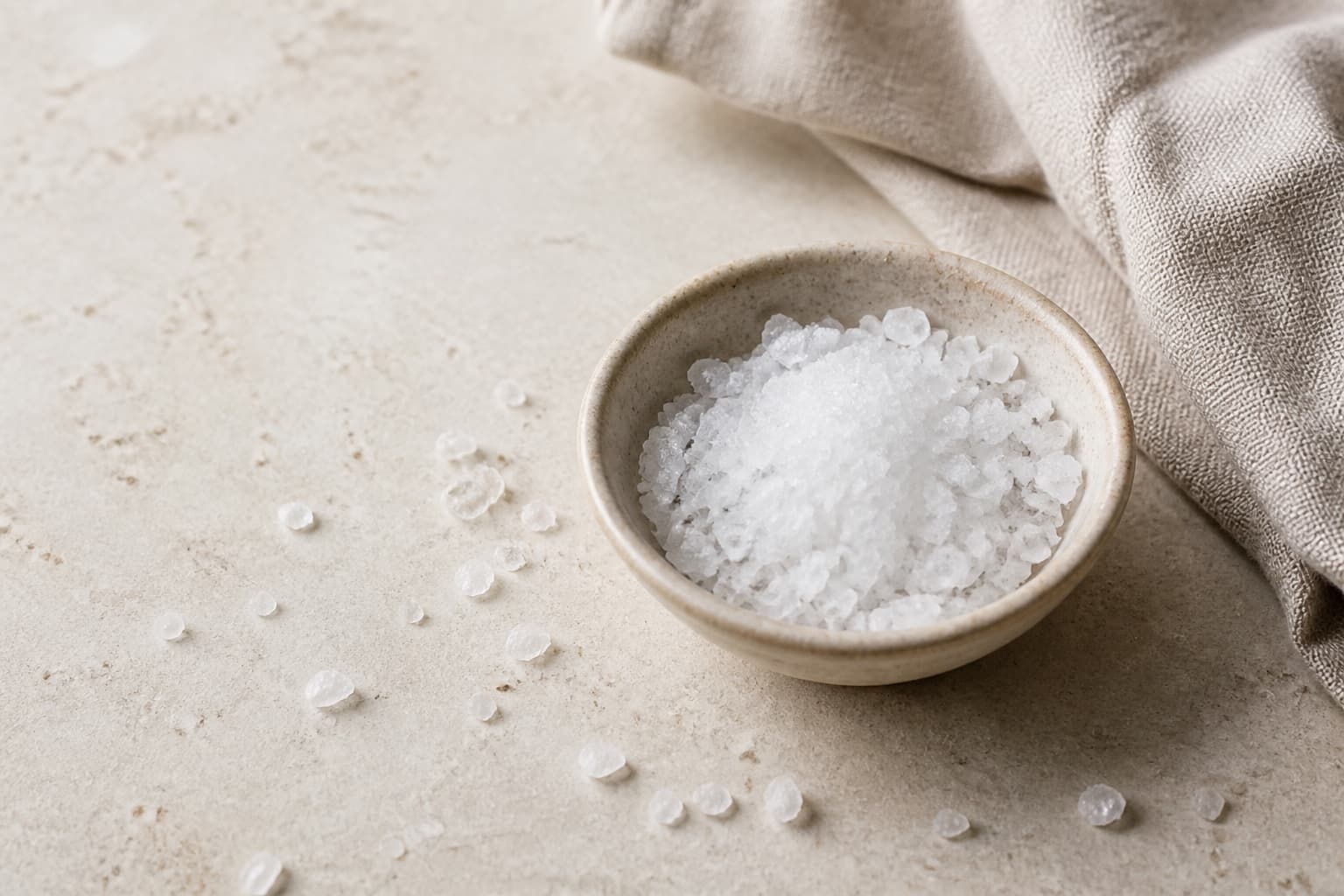 Groft salt fotograferet i naturligt nordisk køkkenlys