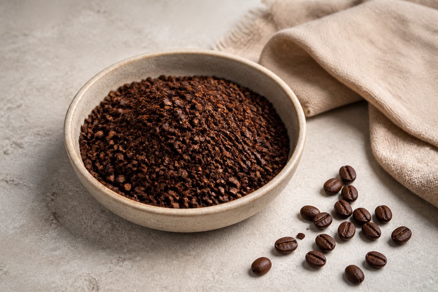 Groftmalet kaffe fotograferet i naturligt nordisk køkkenlys