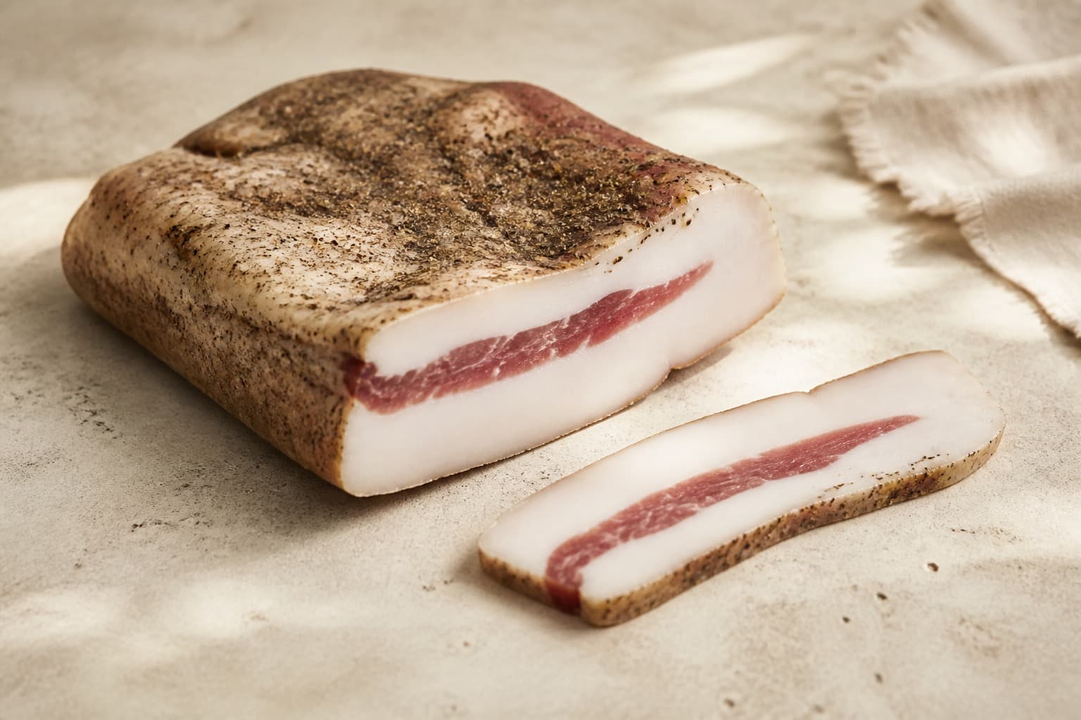 Guanciale fotograferet i naturligt nordisk køkkenlys