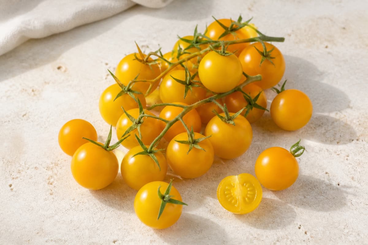 Gyldne cherrytomater fotograferet i naturligt nordisk køkkenlys
