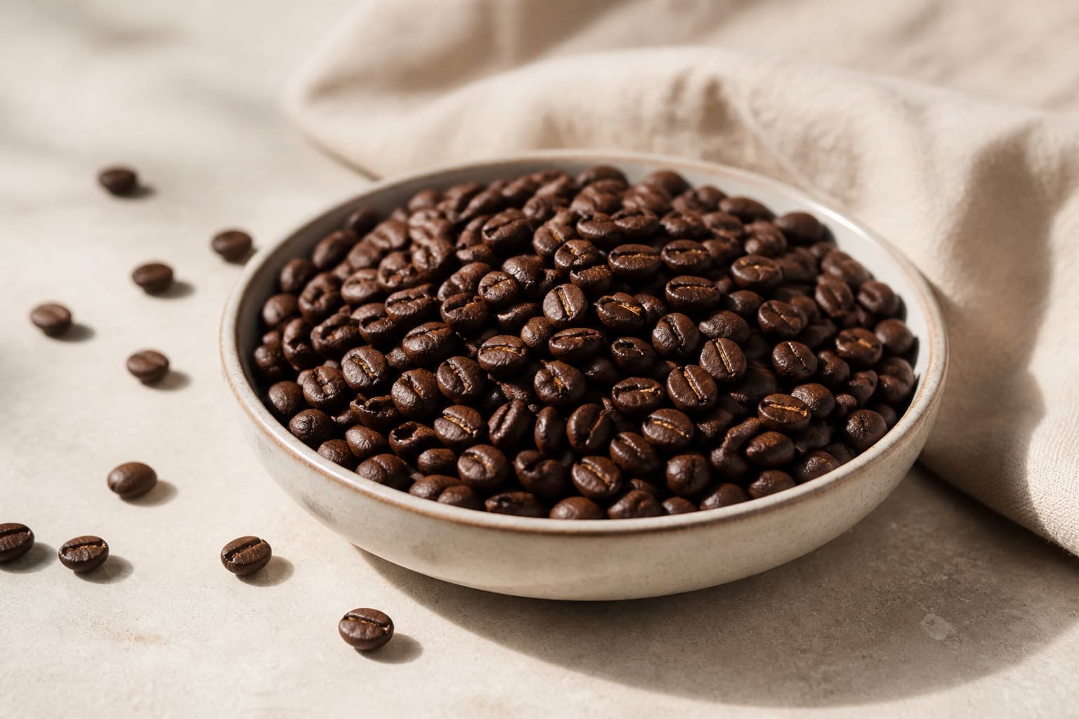 Hele kaffebønner fotograferet i naturligt nordisk køkkenlys