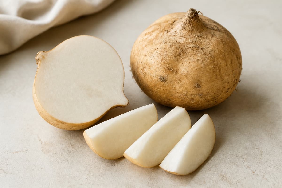 Jicama fotograferet i naturligt nordisk køkkenlys