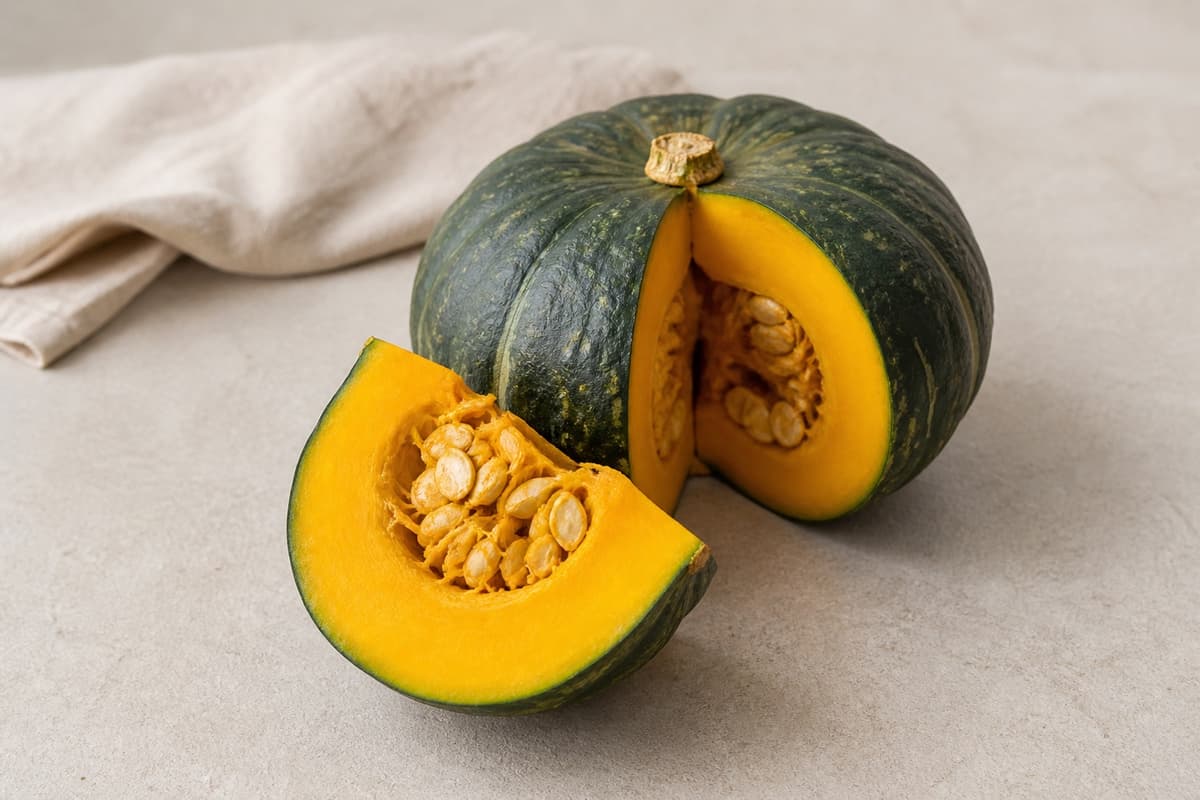 Kabocha græskar fotograferet i naturligt nordisk køkkenlys