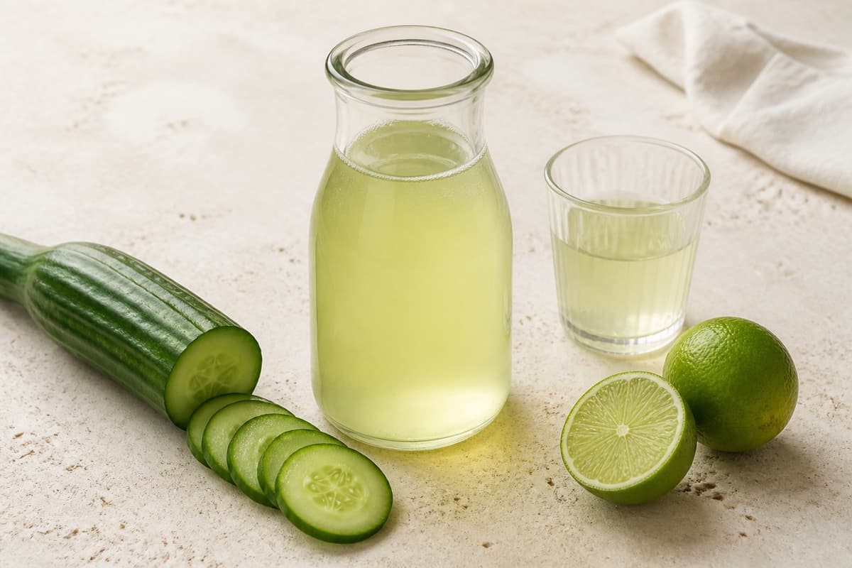 Lime agurkcordial fotograferet i naturligt nordisk køkkenlys