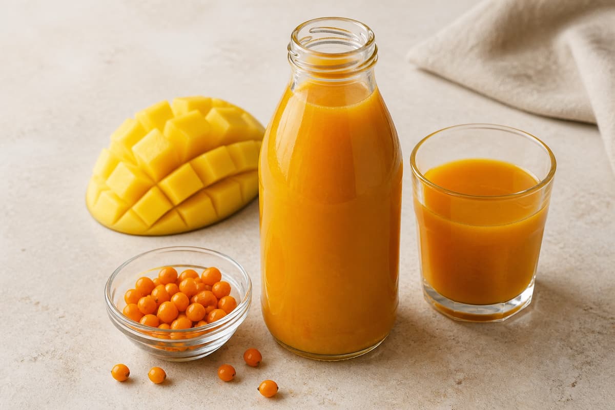 Mango havtorncordial fotograferet i naturligt nordisk køkkenlys