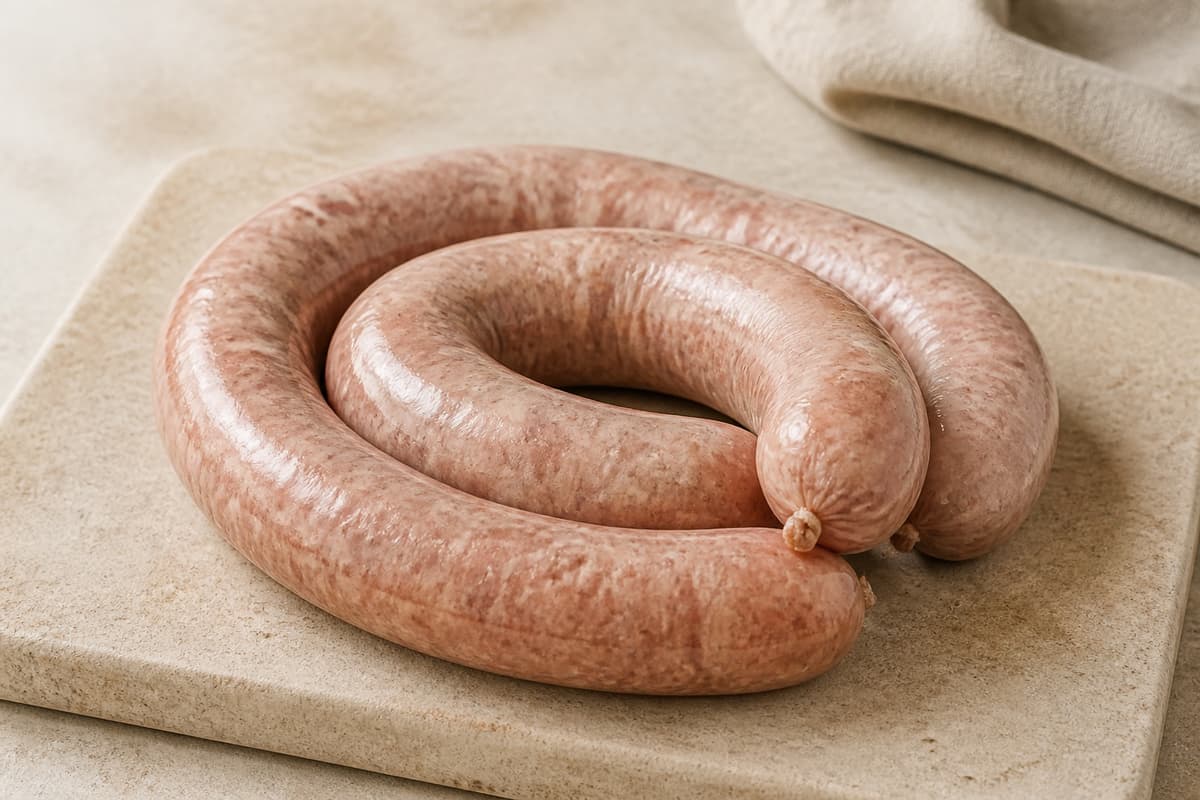 Medisterpølse fotograferet i naturligt nordisk køkkenlys