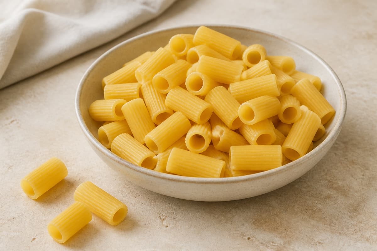 Mezzi rigatoni fotograferet i naturligt nordisk køkkenlys