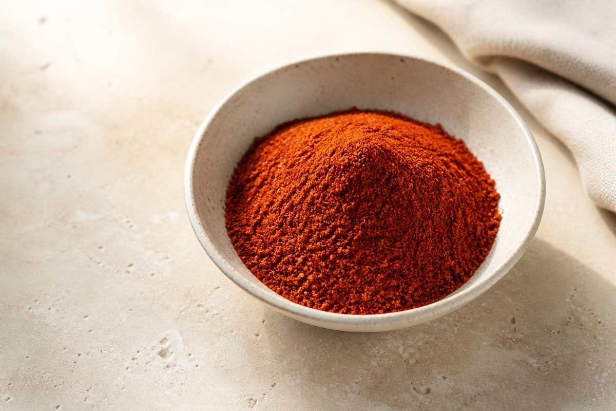 Mildt chilipulver fotograferet i naturligt nordisk køkkenlys