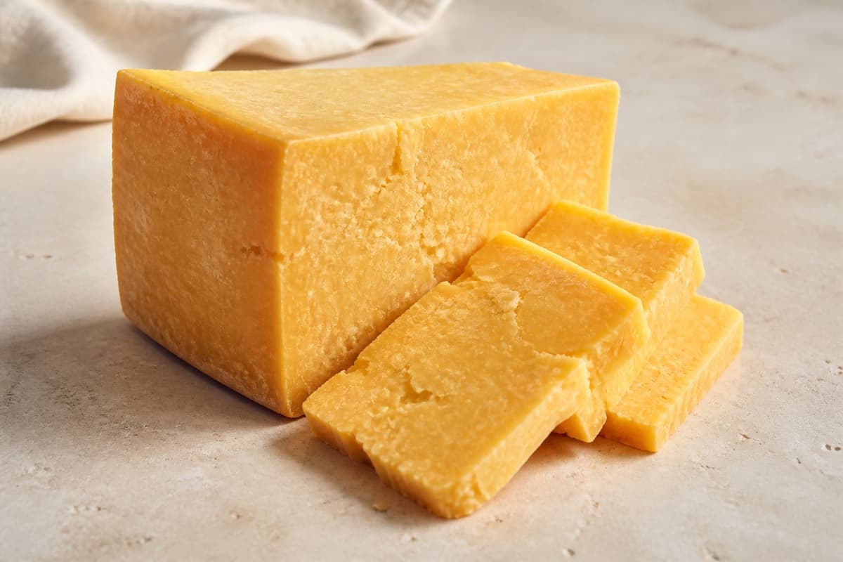 Modnet cheddar fotograferet i naturligt nordisk køkkenlys
