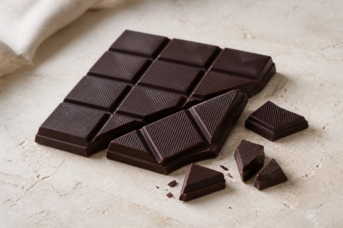 Mørk vegansk chokolade 70 % fotograferet i naturligt nordisk køkkenlys