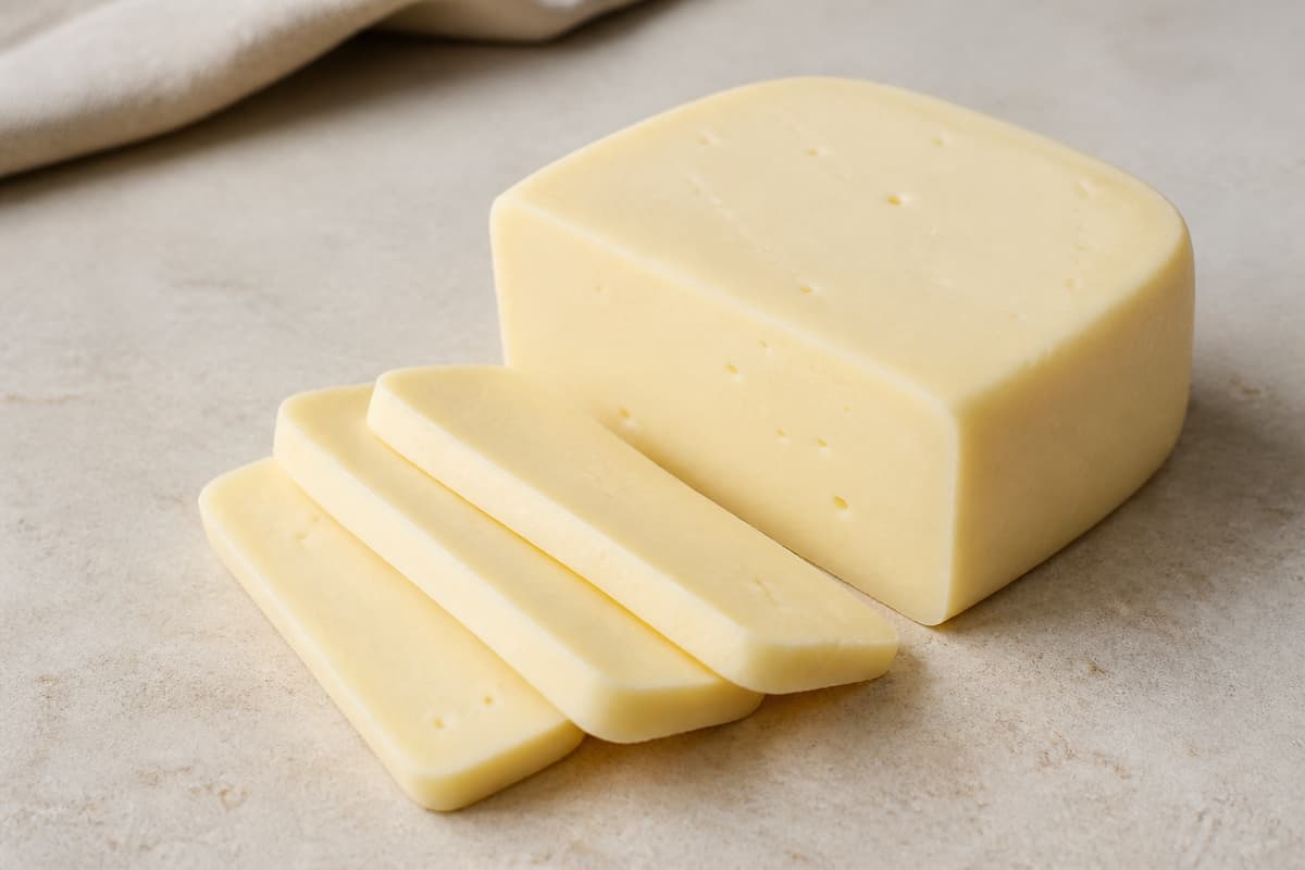 Monterey jack fotograferet i naturligt nordisk køkkenlys