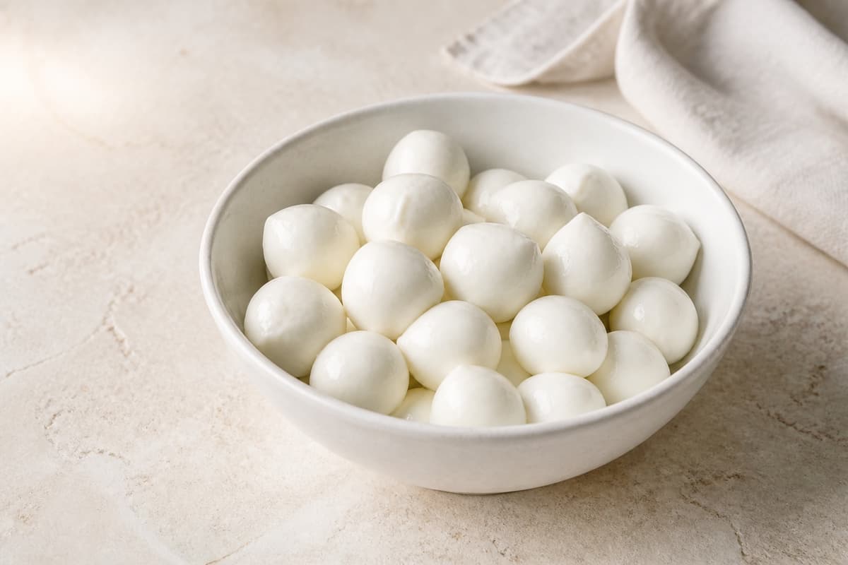 Pasteuriserede mozzarellakugler fotograferet i naturligt nordisk køkkenlys