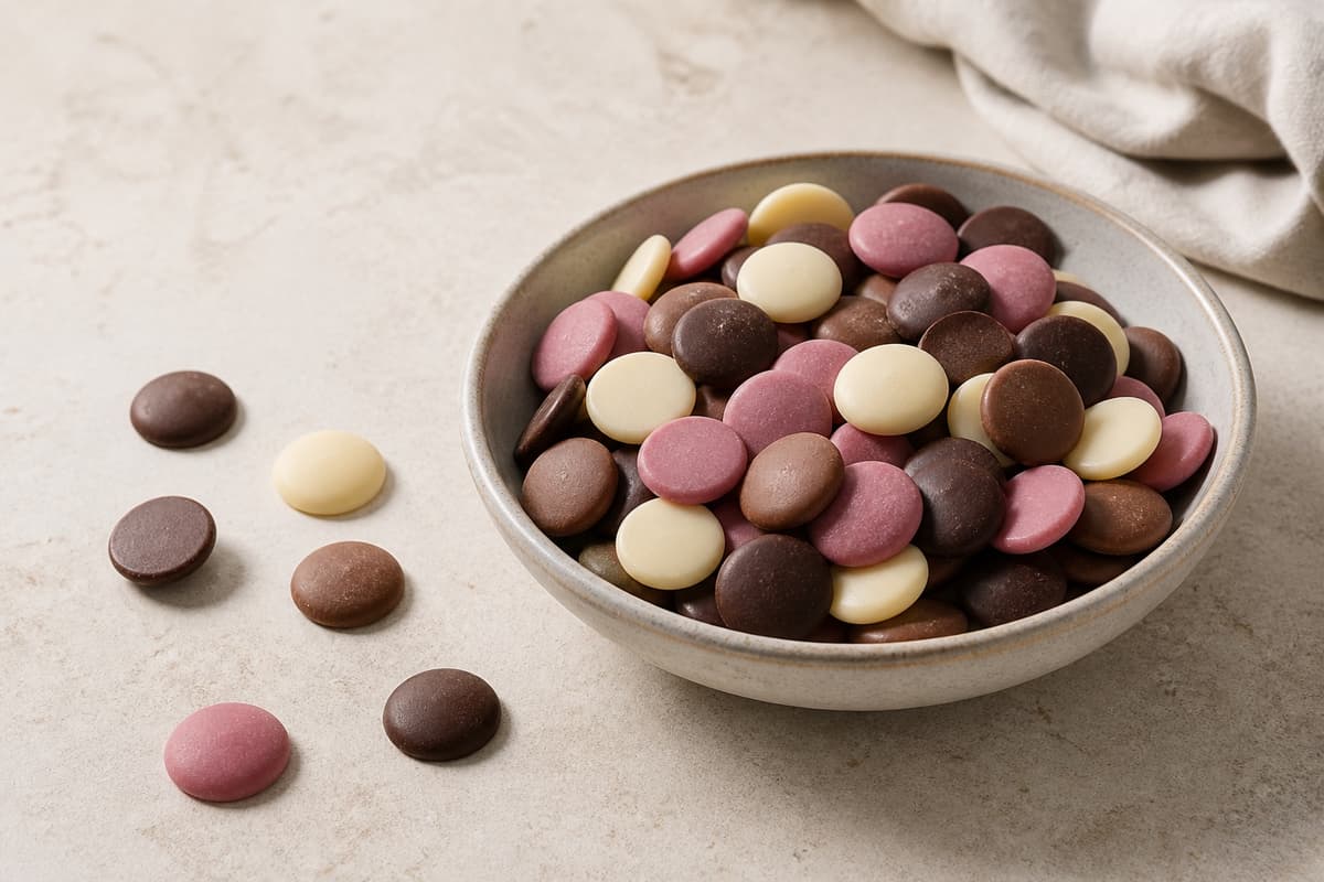 Naturligt farvede chokoladeknapper fotograferet i naturligt nordisk køkkenlys